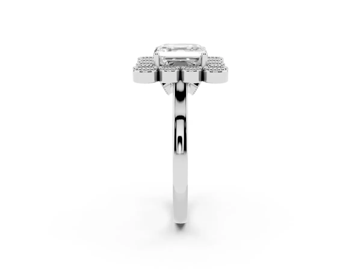 Asscher Cut Halo Diamond Cluster Engagement Ring with Milgrain Bezel Setting and Solitaire Band Platinum