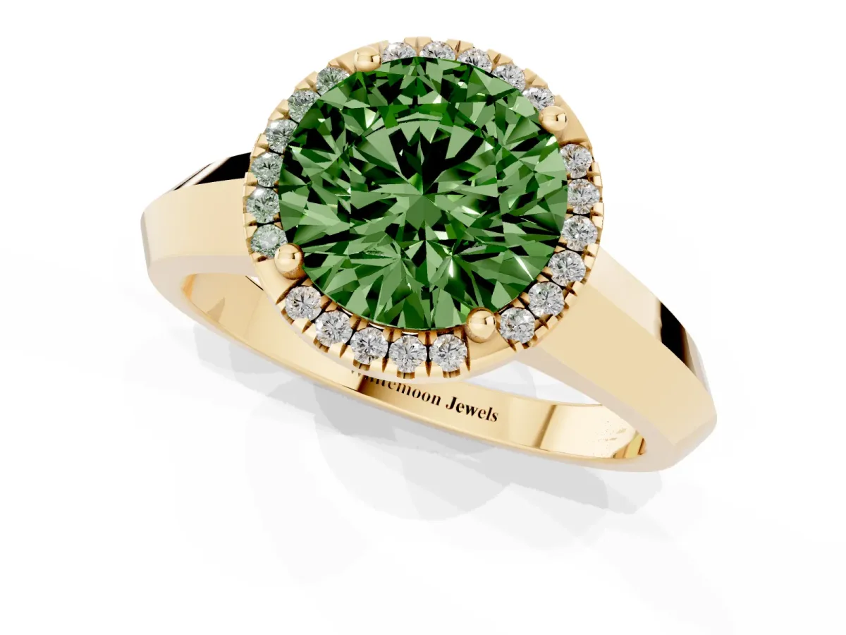 Fancy Green Round Cut Halo Diamond Ring with Cathedral Band and Four-Prong Setting Yellow gold