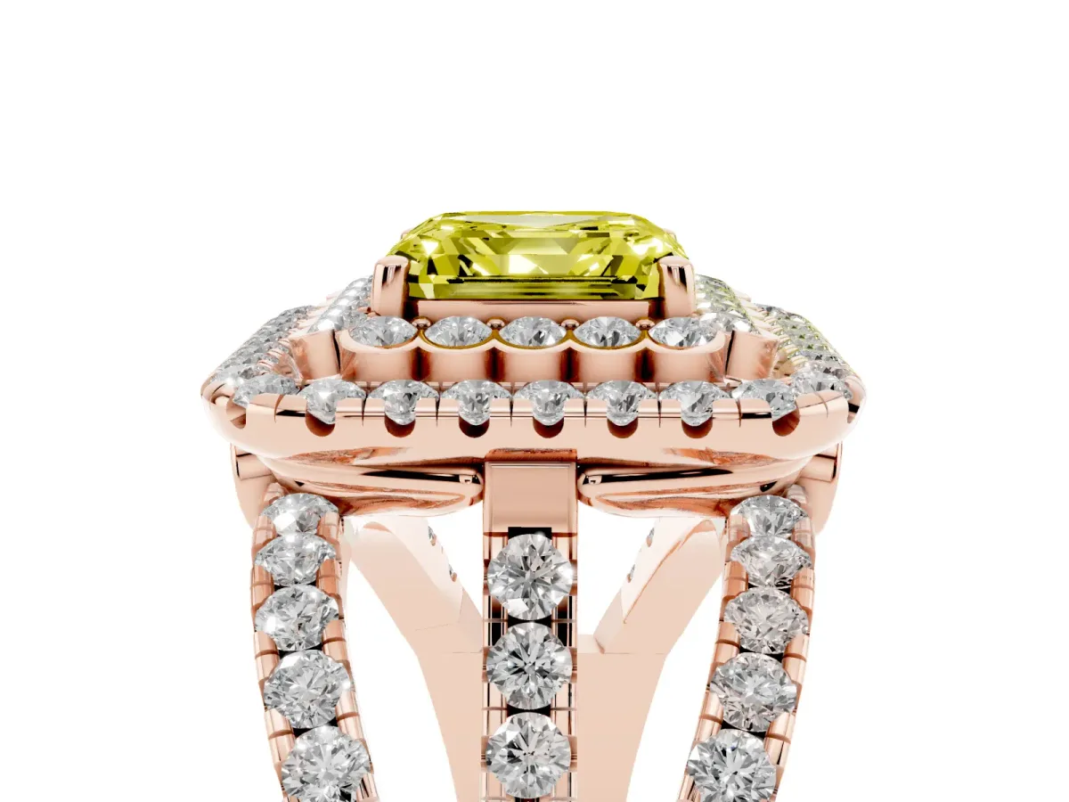 Fancy Yellow Asscher Cut Diamond Double Halo Ring with Round Pavé Split Shank and Prong Setting Rose gold