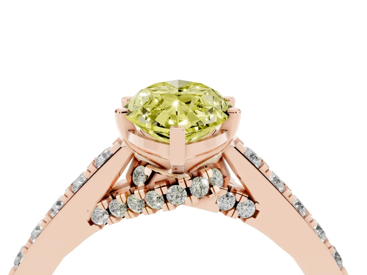 Fancy Yellow Marquise Cut Diamond Solitaire Ring with Crossover Gallery and Round Pavé Band Rose gold