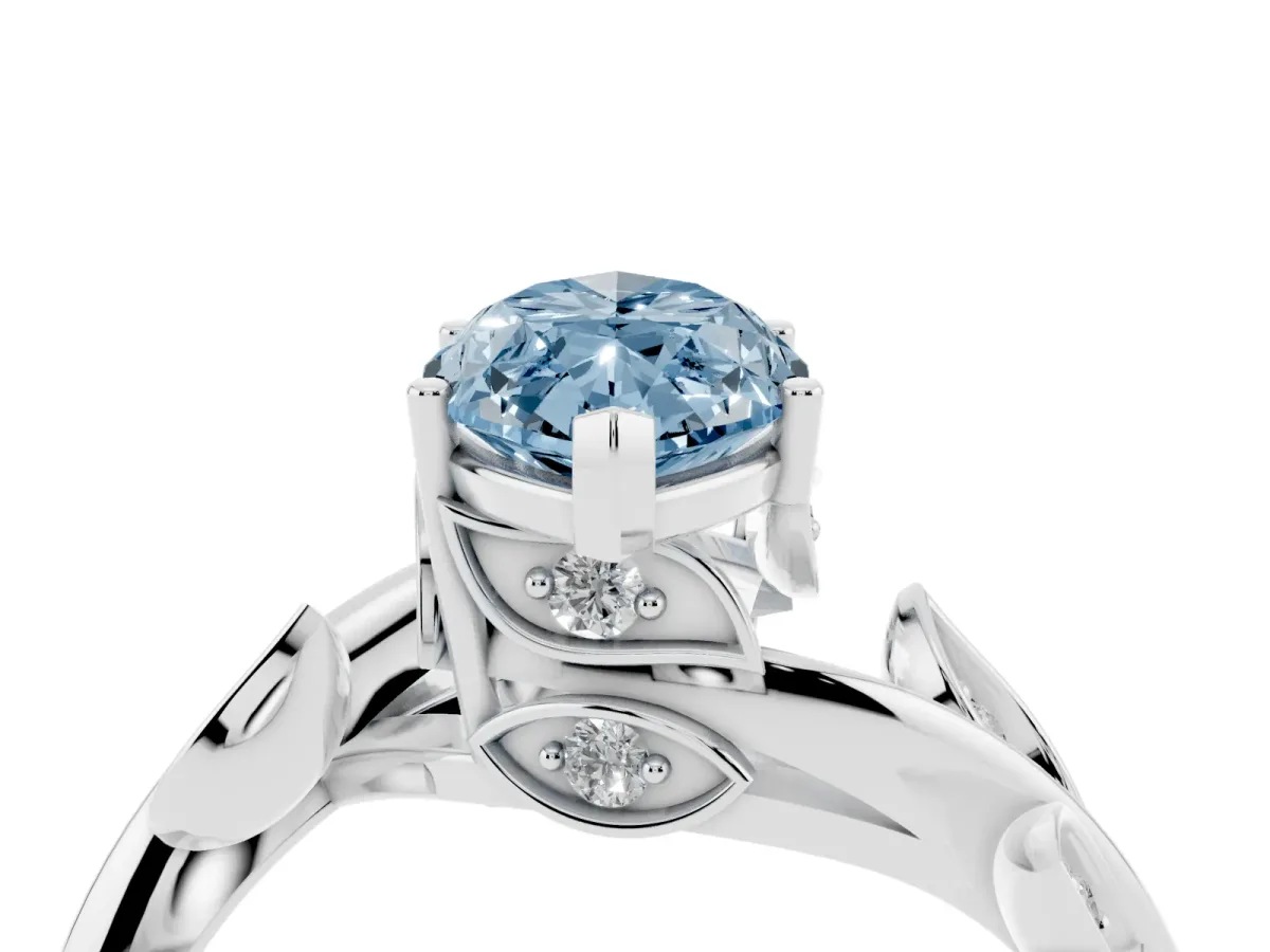 Fancy Blue Marquise Cut Solitaire Twist Engagement Ring with Leaf Accents and Prong Setting Platinum