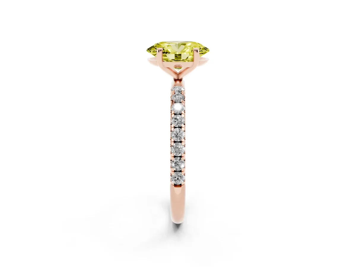 Fancy Yellow Oval Cut Cut Diamond Solitaire Ring with Micro Pave Band and Four Prong Setting Rose gold