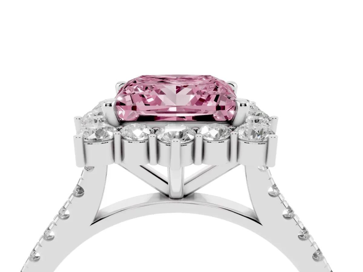 Fancy Pink Princess Cut Halo Diamond Ring with Pavé Band and Prong Setting Silver