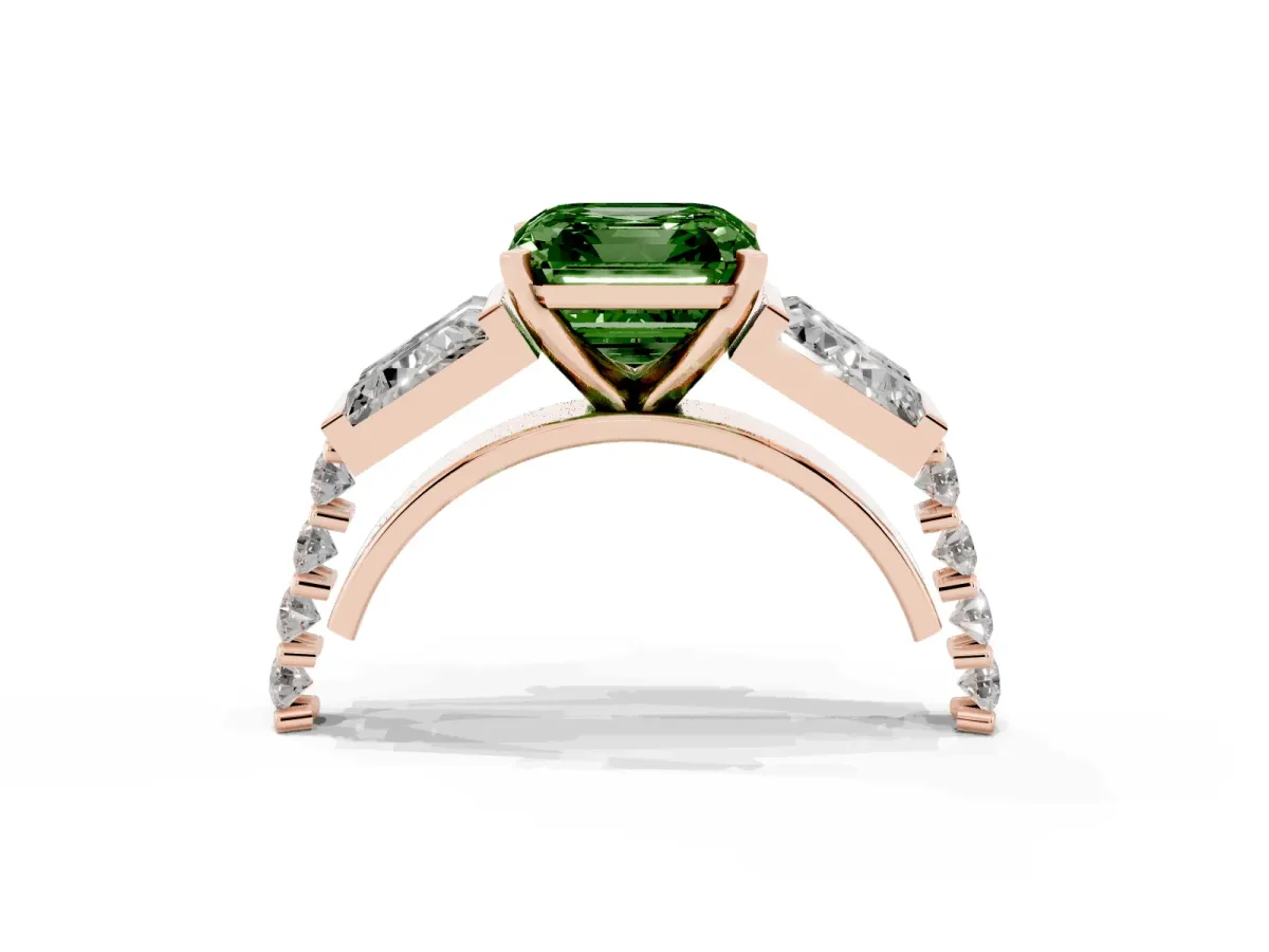 Fancy Green Asscher Cut Diamond Engagement Ring with Baguette Side Stones and Channel Set Band Rose gold