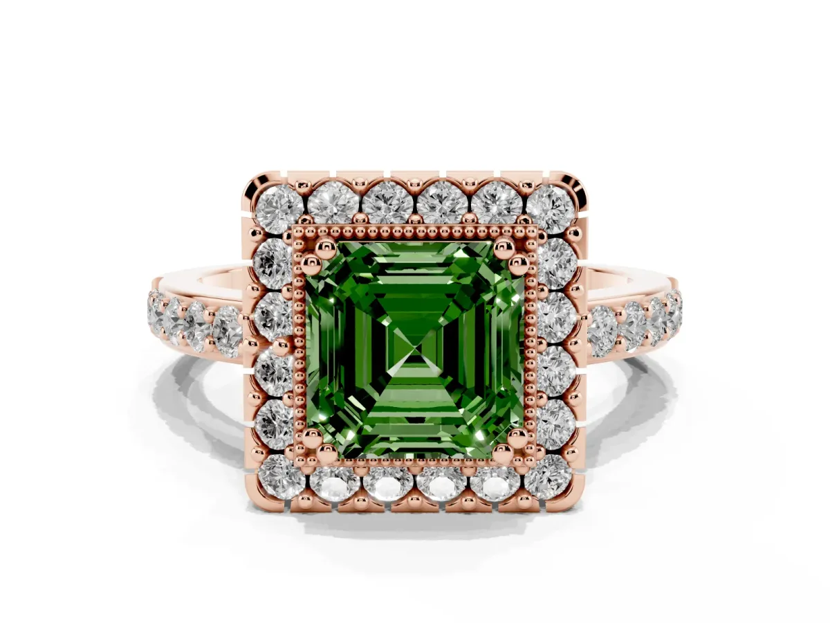 Fancy Green Asscher Cut Diamond Halo Ring with Pavé Band and Prong Setting Rose gold