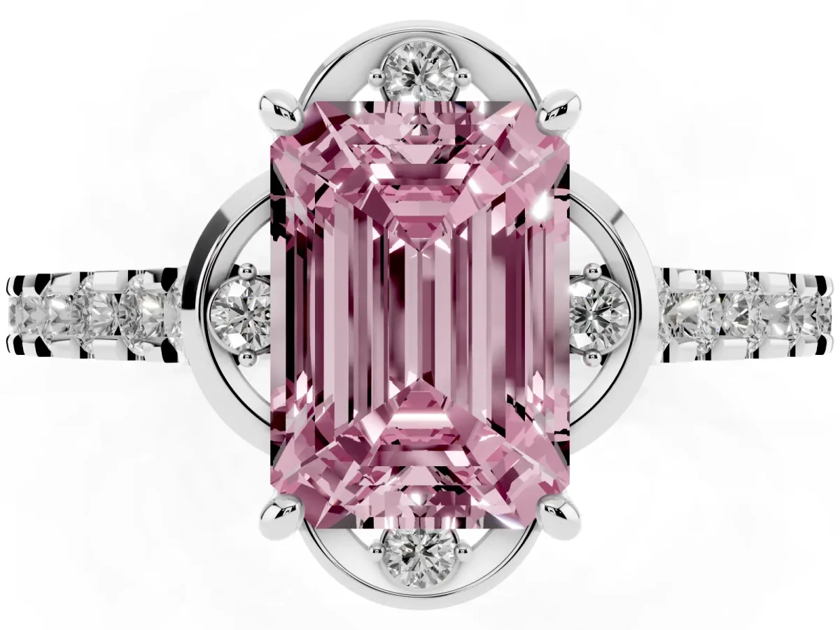 Fancy Pink Emerald Cut Diamond Ring with Pavé Band and Floral Prong Setting Silver