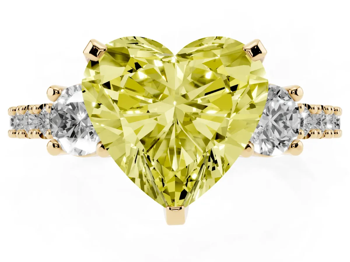 Fancy Yellow Heart Cut Three-Stone Diamond Pavé Band with Prong Setting Yellow gold