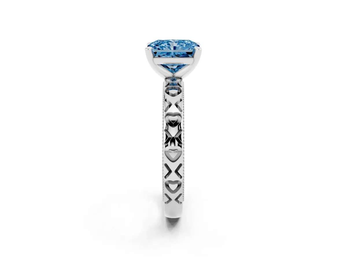 Fancy Blue Radiant Cut Solitaire Diamond Engagement Ring with XO Engraved Band and Four-Prong Setting Silver