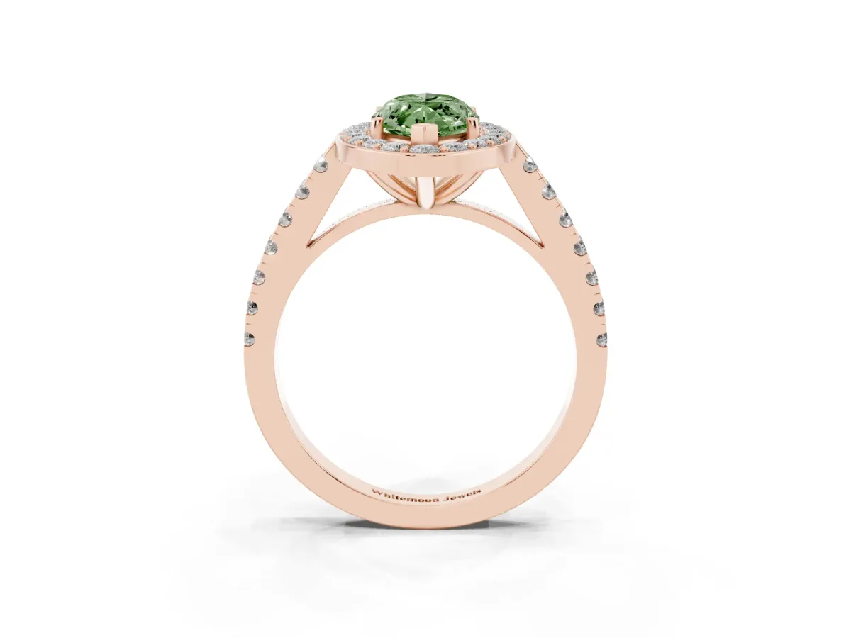 Fancy Green Marquise Cut Diamond Halo Ring with Round Pavé Split Shank and Prong Setting Rose gold