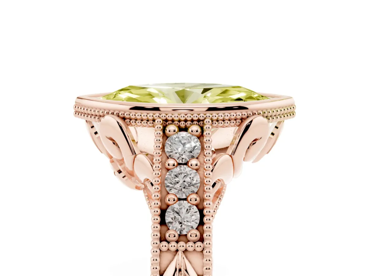 Fancy Yellow Bezel Set Marquise Cut Diamond Milgrain Pave Engagement Ring Rose gold