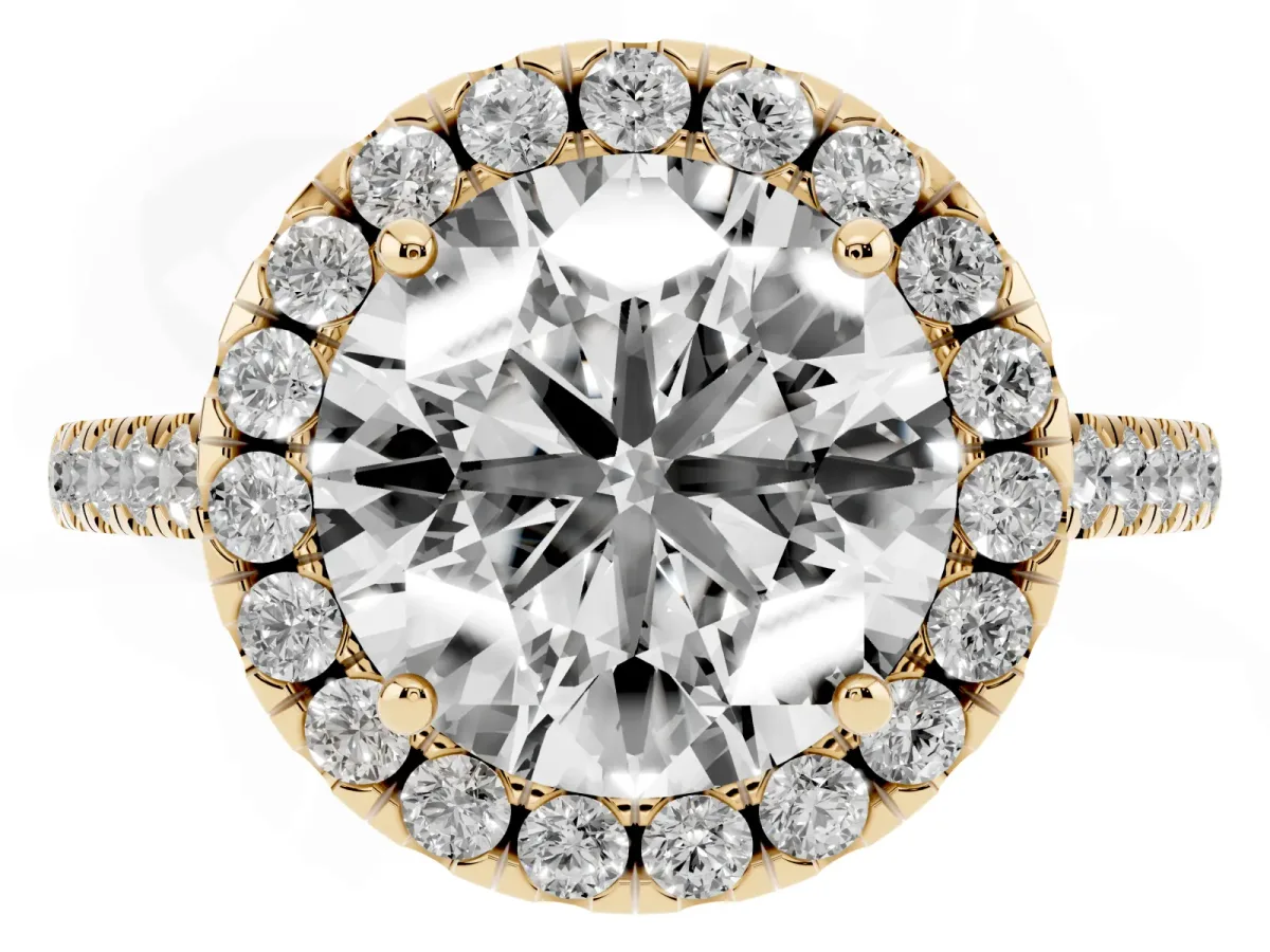 Round Cut Halo Pavé Diamond Engagement Ring with Four-Prong Setting Yellow gold