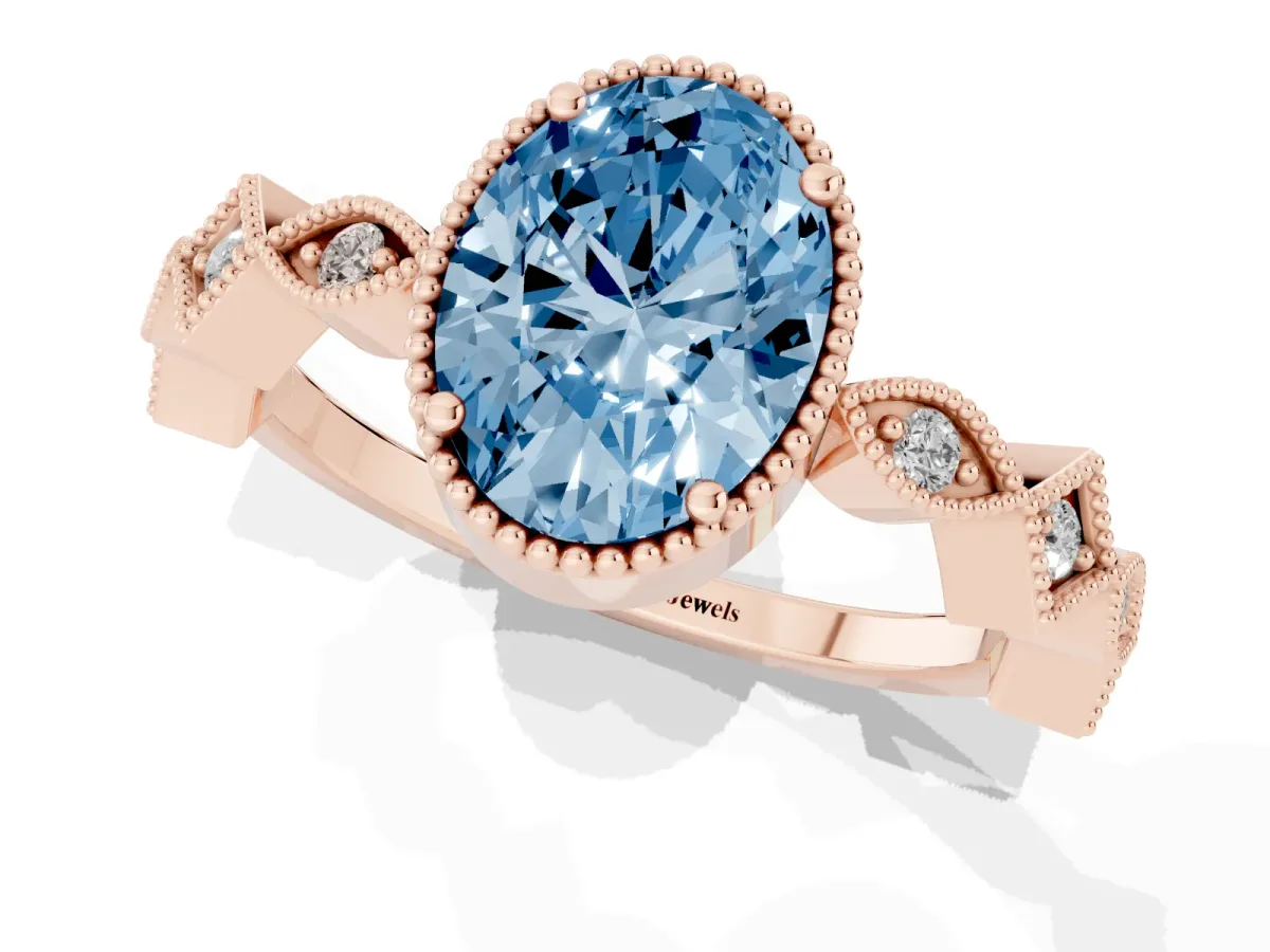 Fancy Blue Oval Cut Milgrain Marquise Diamond Twist Band Ring Rose gold