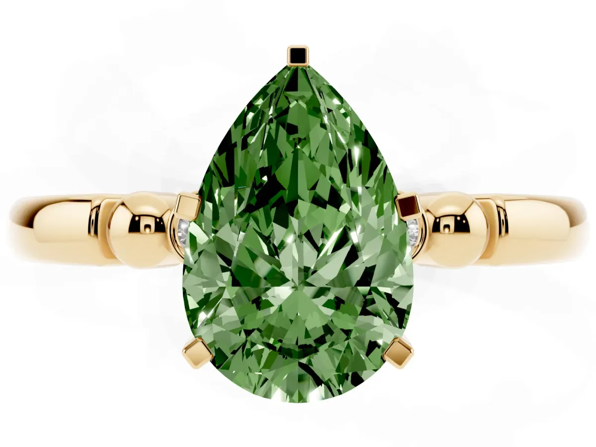 Fancy Green Pear Cut Solitaire Beaded Band with Four-Prong Setting Yellow gold