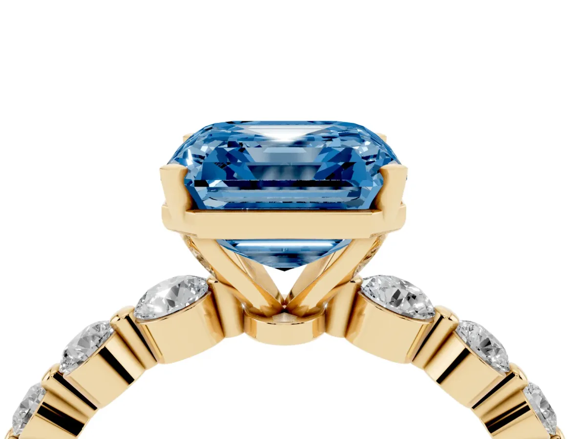 Fancy Blue Asscher Cut Solitaire Diamond Ring with Pave Band and Four-Prong Setting Yellow gold