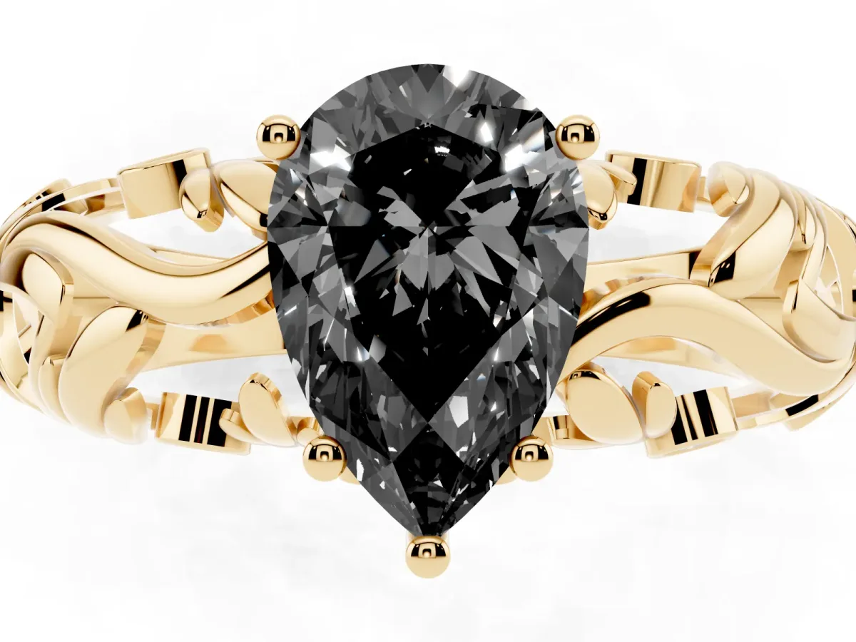 Fancy Black Pear Cut Solitaire Diamond Leaf-Inspired Vine Band Ring with Prong Setting Yellow gold
