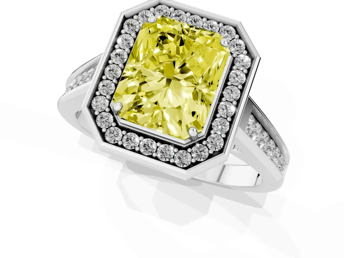 Fancy Yellow Radiant Cut Halo Solitaire Diamond Ring with Pave Band and Bezel Setting Platinum