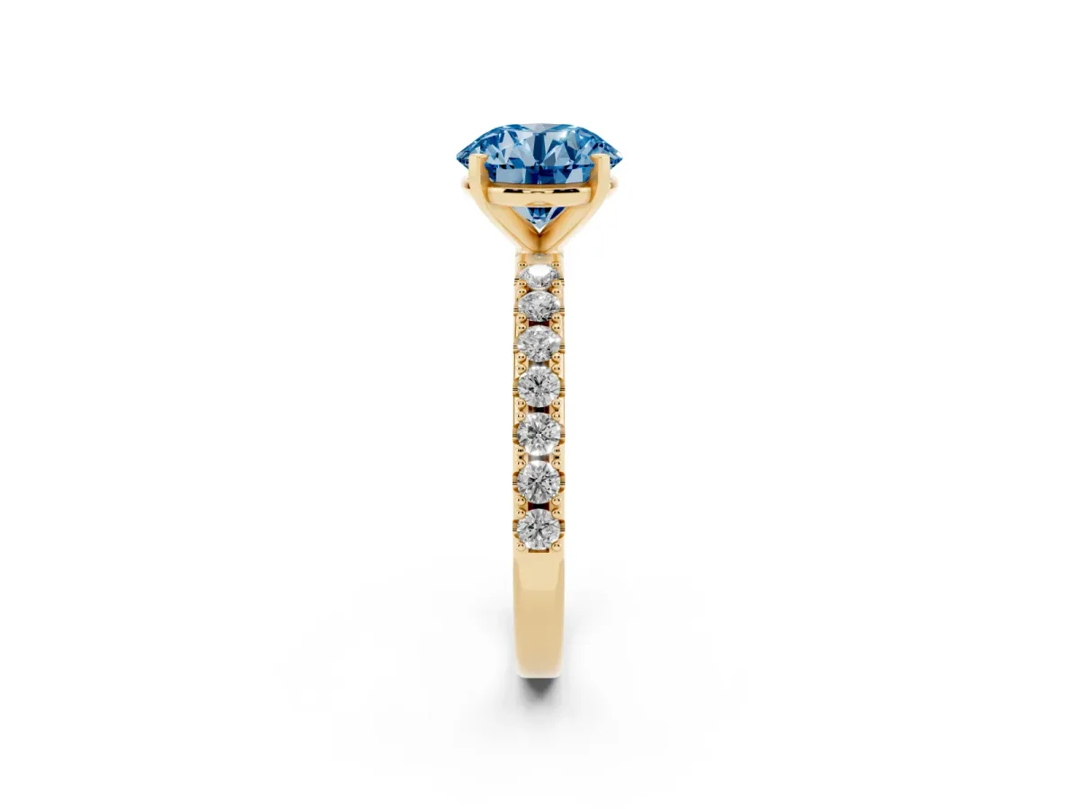 Fancy Blue Round Cut Diamond Solitaire Pavé Band with Four-Prong Setting Yellow gold