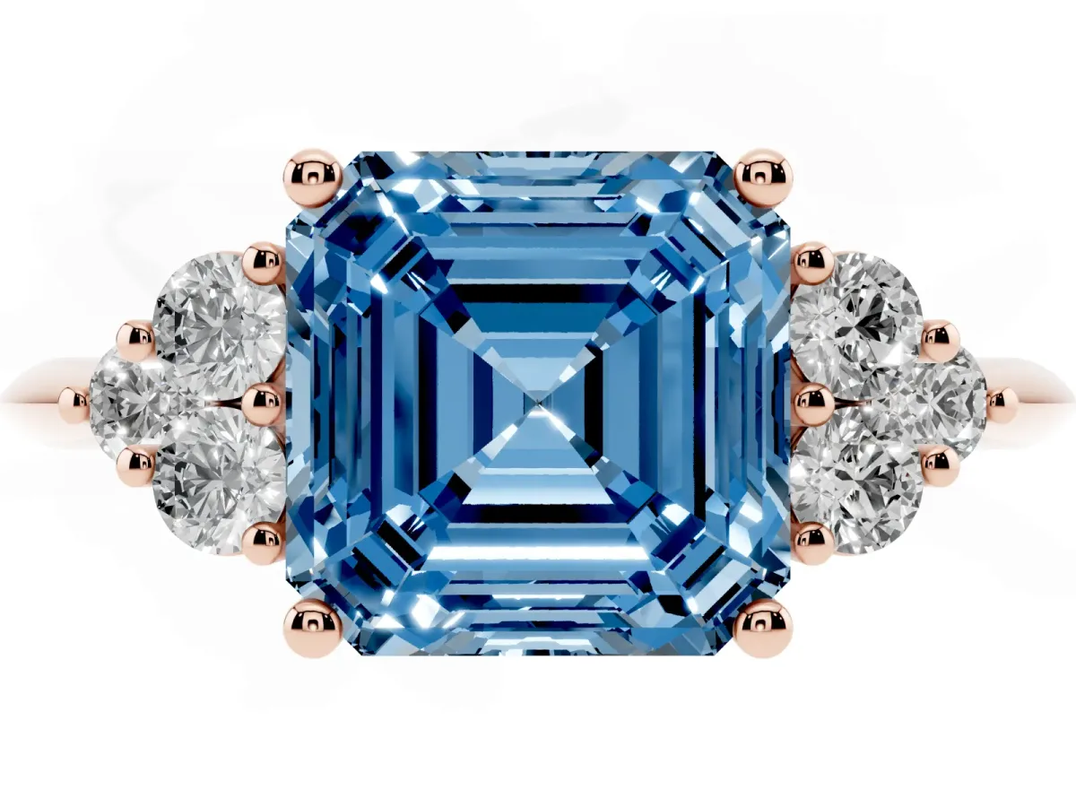 Fancy Blue Asscher Cut Cut Diamond Cluster Ring with Solitaire Band and Four-Prong Setting Rose gold