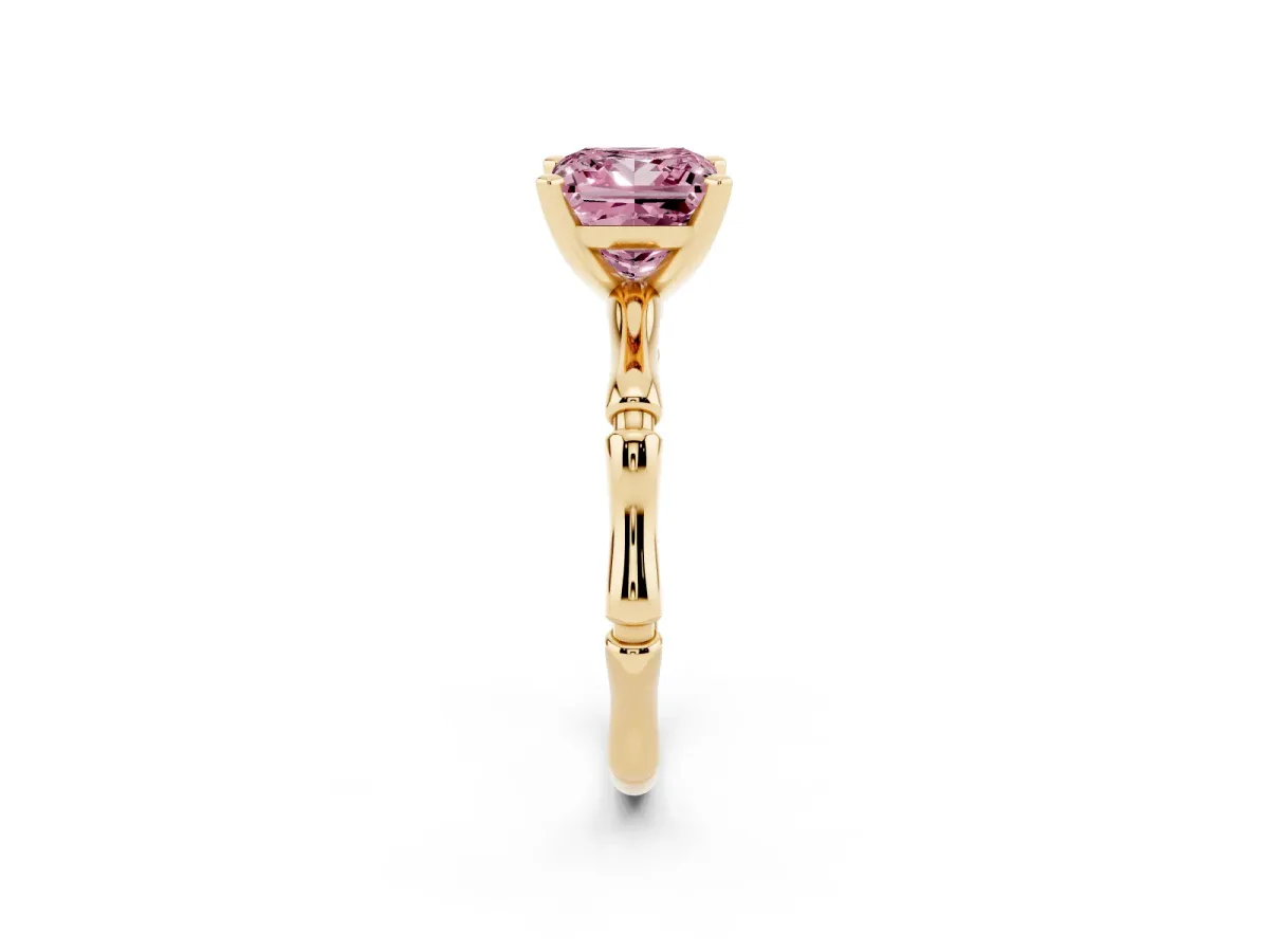 Fancy Pink Princess Cut Solitaire Diamond Ring with Bamboo Band and Four-Prong Setting Yellow gold