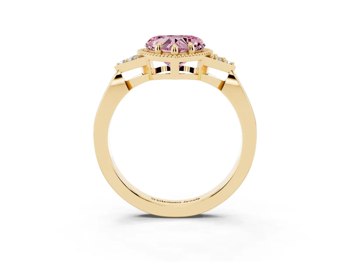 Fancy Pink Heart Cut Diamond Halo Ring with Tapered Band and Four-Prong Setting Yellow gold
