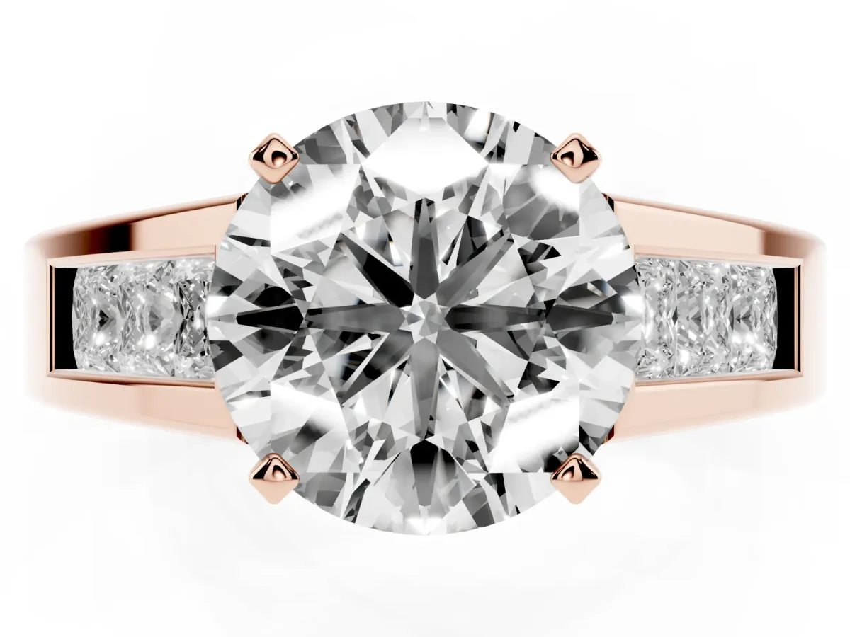 Round Cut Cut Channel Set Solitaire Ring with Four-Prong Setting Rose gold