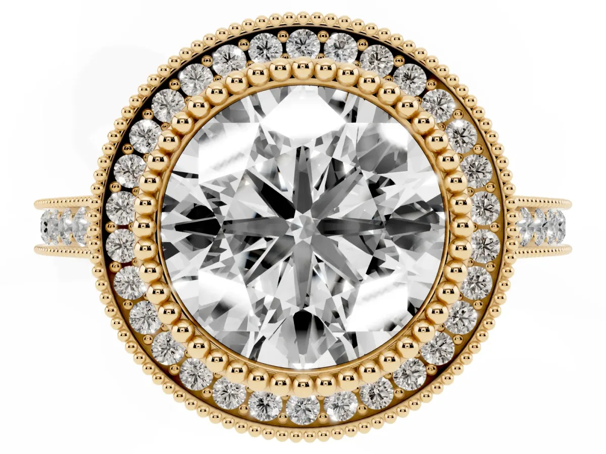 Round Cut Diamond Halo Ring with Milgrain Frame and Pavé Band Yellow gold