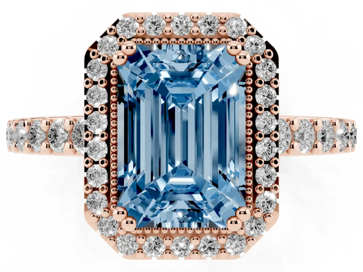 Fancy Blue Emerald Cut Cut Diamond Halo Engagement Ring with Milgrain Detail and Pavé Band Rose gold