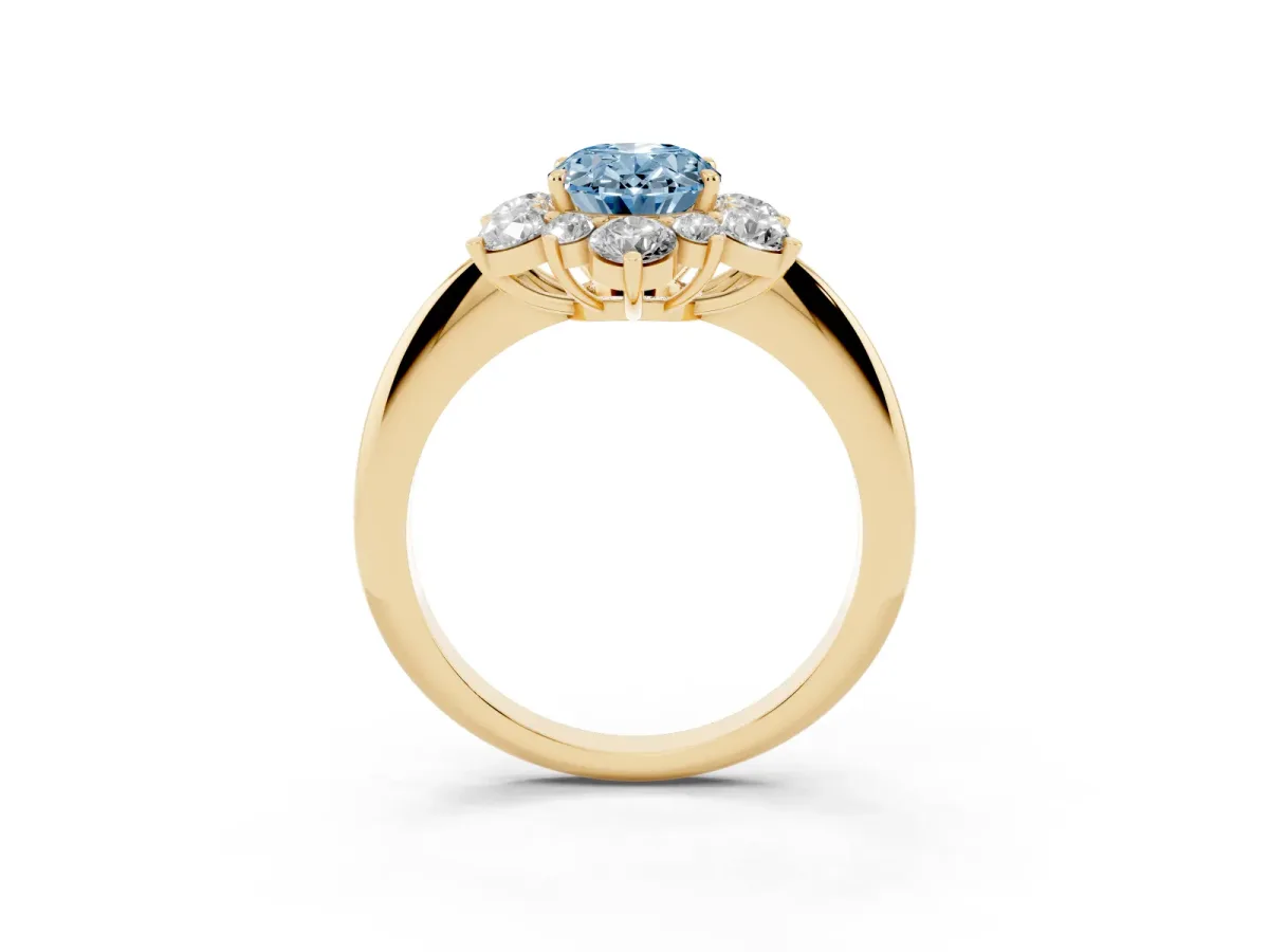 Fancy Blue Oval Cut Diamond Cluster Halo Ring with Solitaire Band and Four-Prong Setting Yellow gold