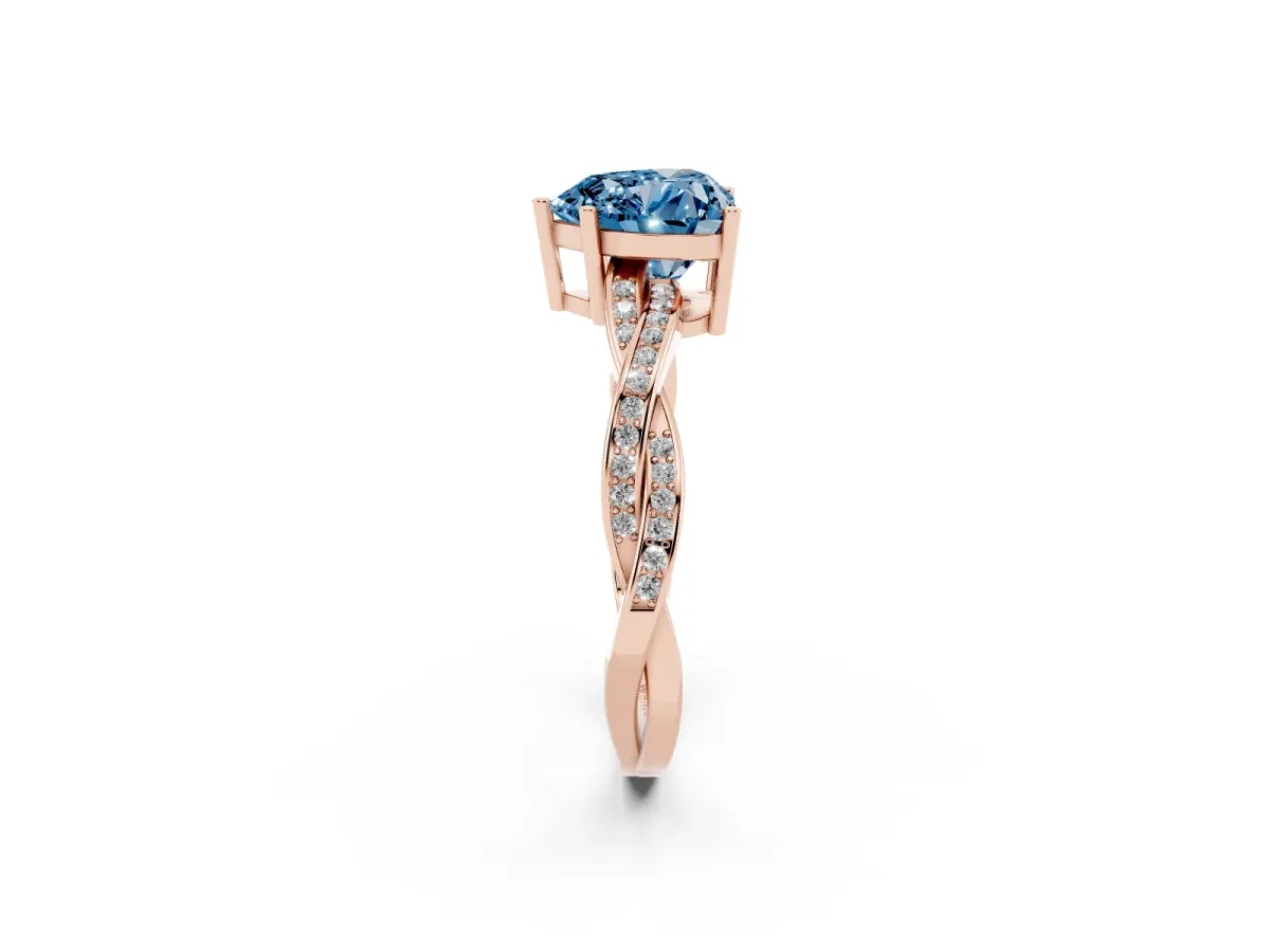 Fancy Blue Heart Cut Solitaire Twisted Pave Diamond Ring with Four-Prong Setting Rose gold