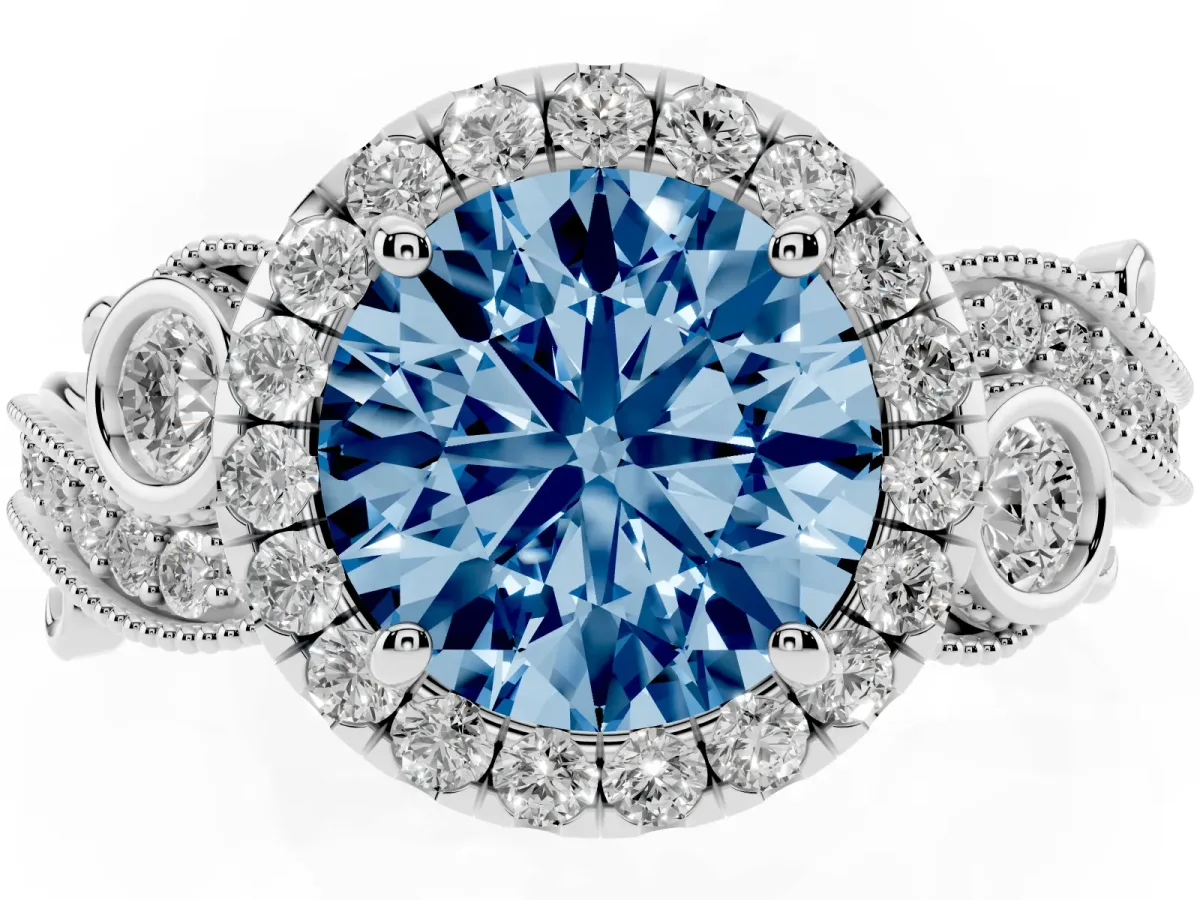 Fancy Blue Round Cut Halo Diamond Ring with Milgrain and Bezel Accents on a Split Shank Band White gold