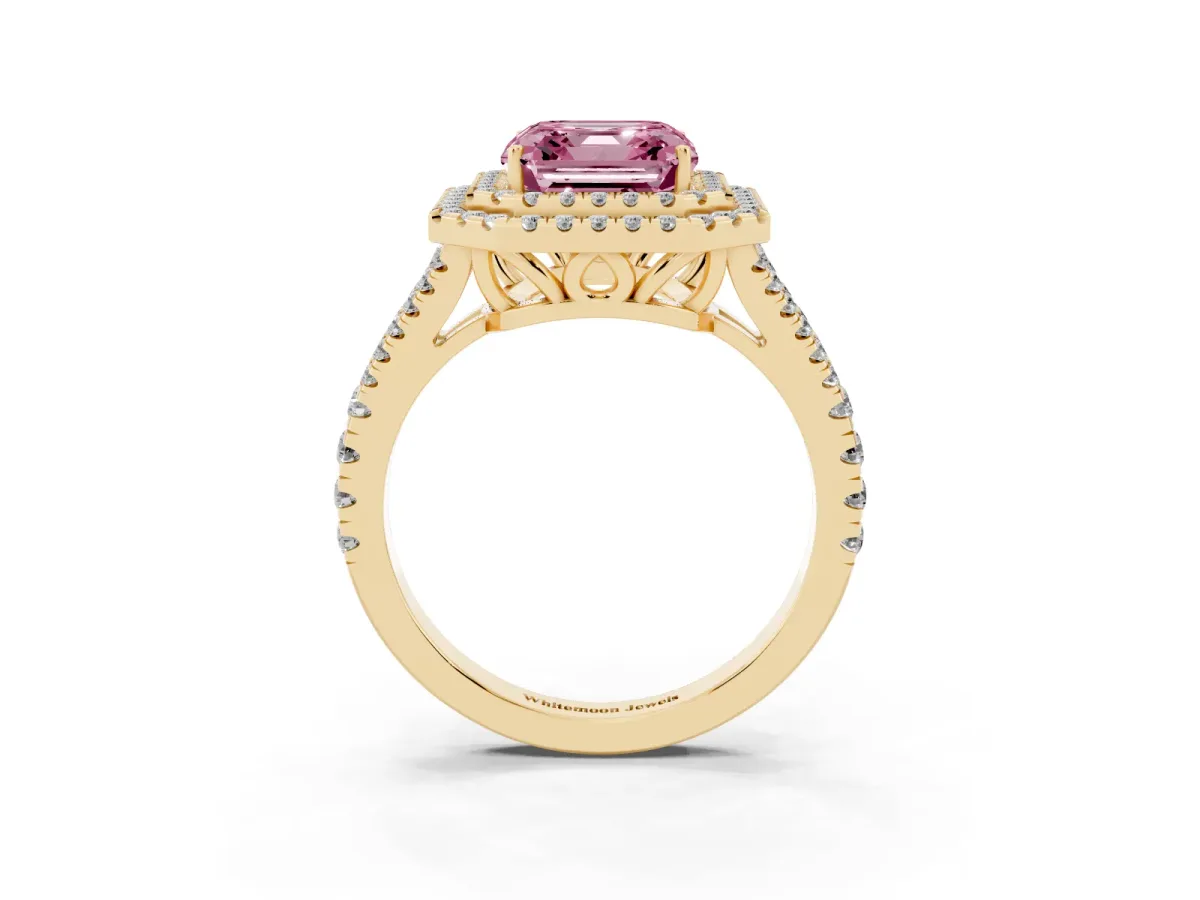 Fancy Pink Asscher Cut Diamond Double Halo Ring with Pavé Band and Prong Setting Yellow gold