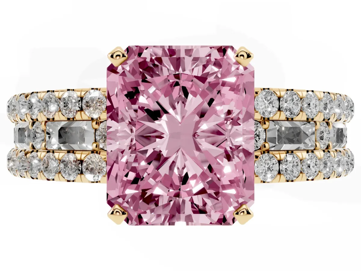 Fancy Pink Radiant Cut Diamond Solitaire Ring with Pavé and Channel Set Band Yellow gold