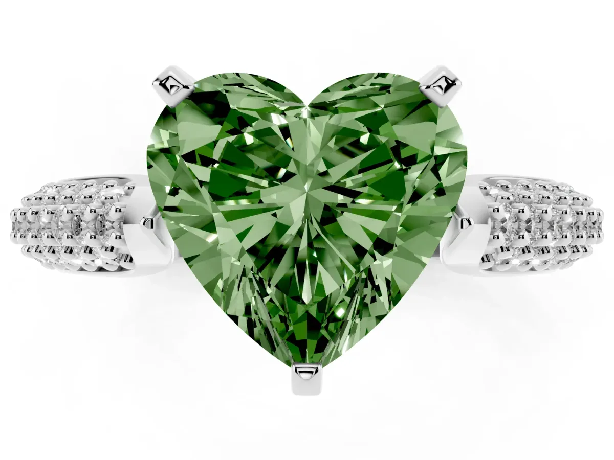 Fancy Green Heart Cut Diamond Solitaire Engagement Ring with Multi-Row Round Pavé Band and Prong Setting Silver