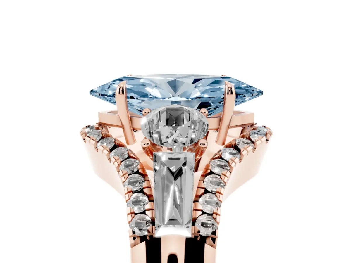 Fancy Blue Three-Stone Marquise Cut Diamond Engagement Ring with Pave Band and Prong Setting Rose gold