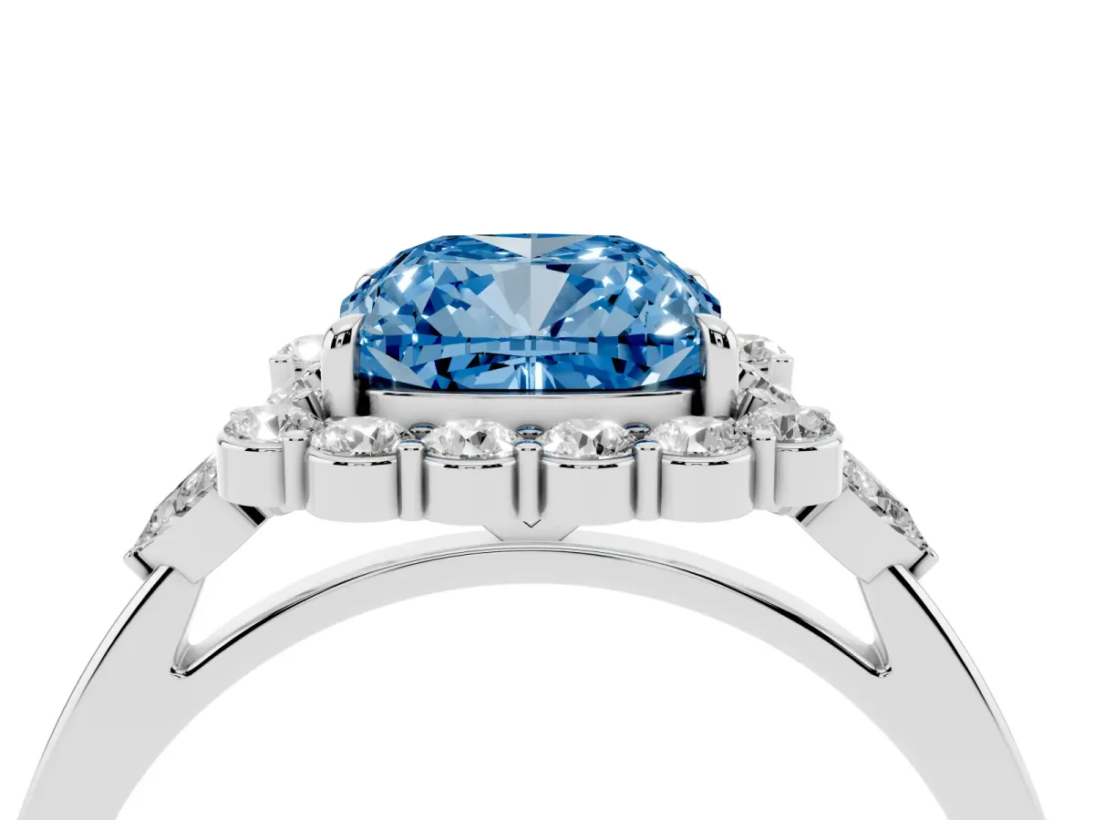 Fancy Blue Cushion Cut Diamond Halo Ring with Pear Side Stones and Prong Setting Silver