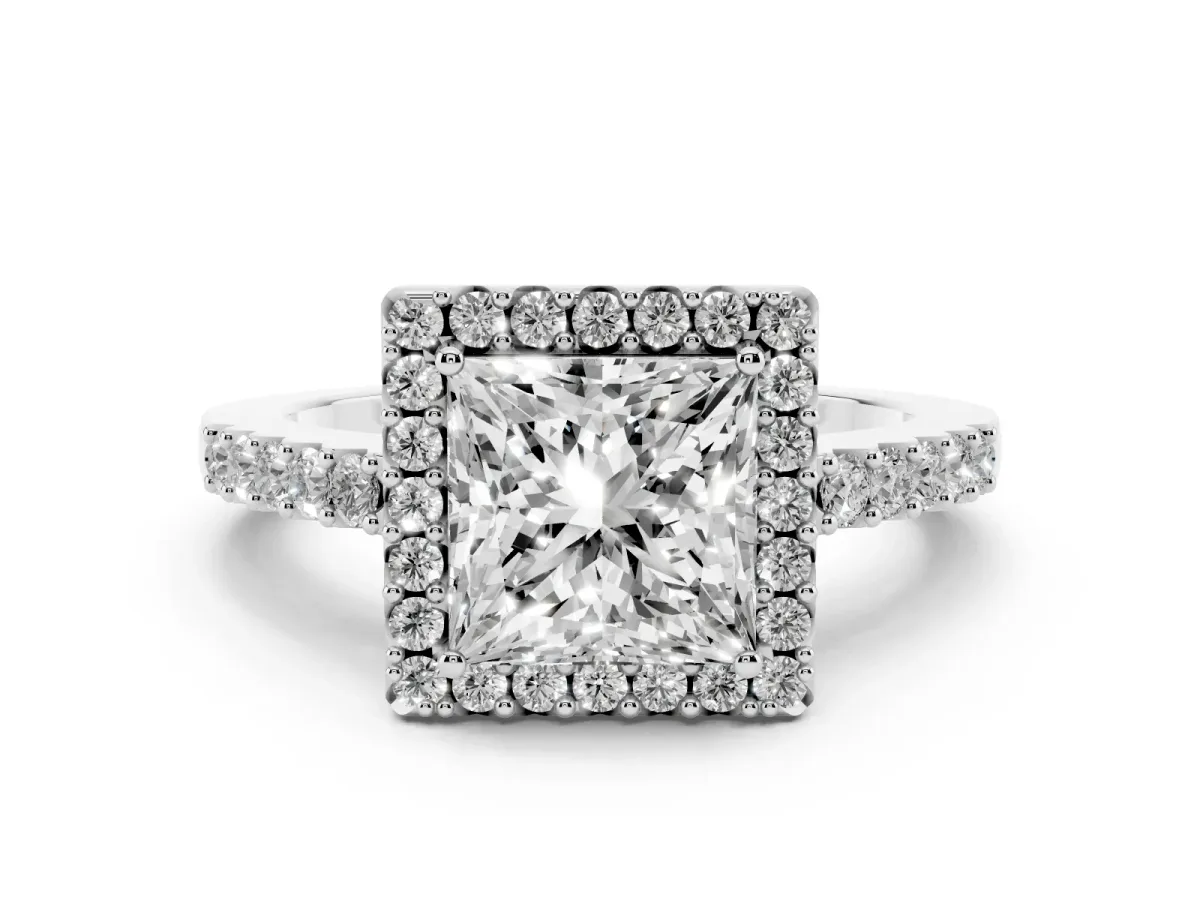 Princess Cut Halo Diamond Pavé Solitaire Ring Platinum