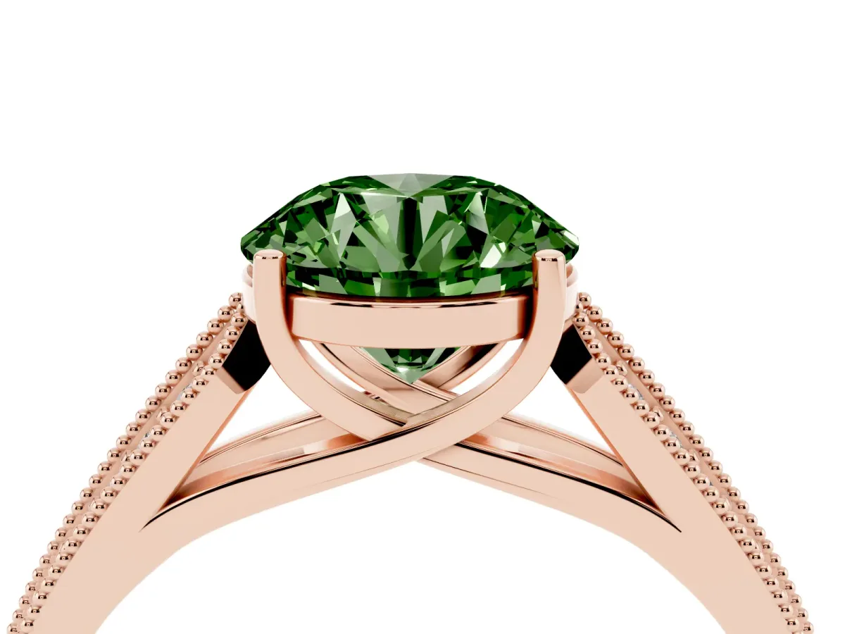 Fancy Green Round Cut Cut Pave Split Shank Engagement Ring with Four-Prong Setting Rose gold
