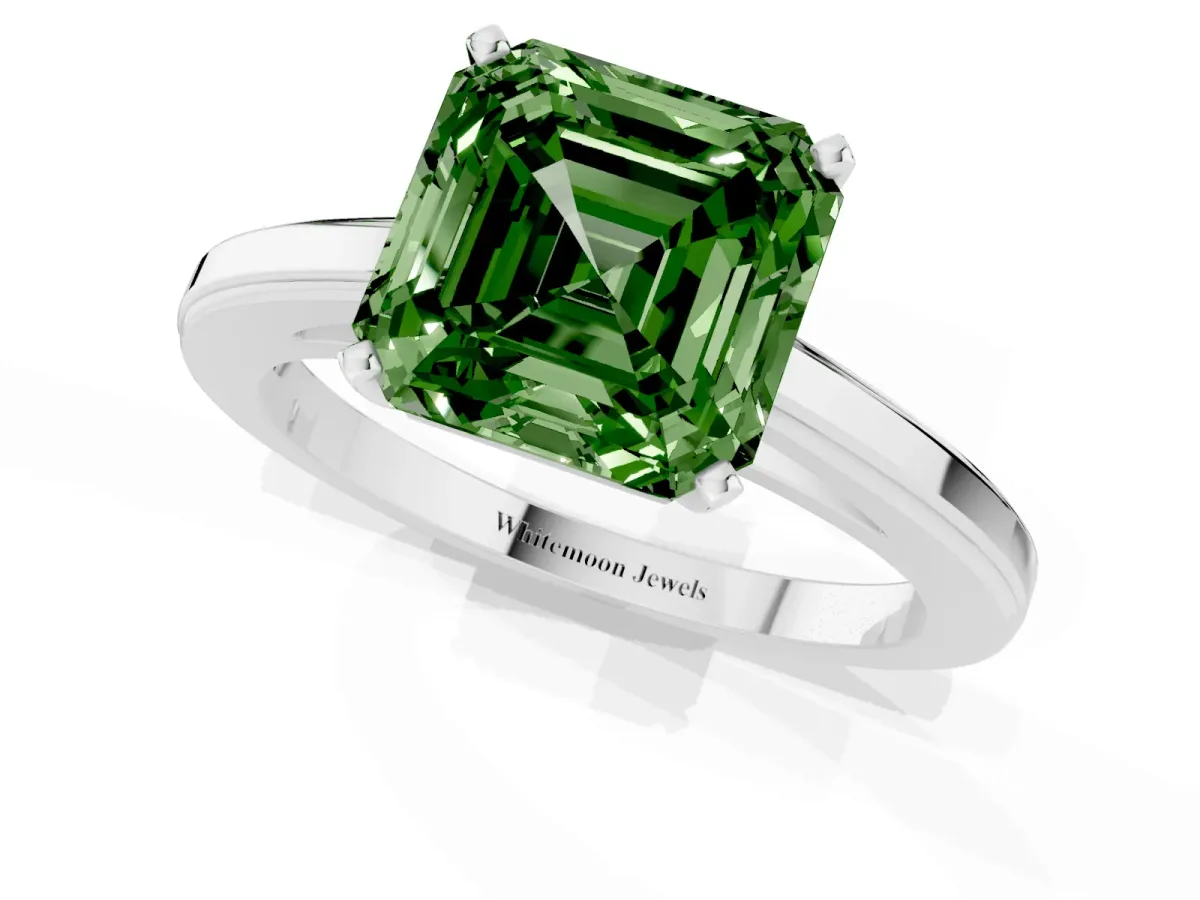 Fancy Green Asscher Cut Solitaire Diamond Ring with Four-Prong Setting and Classic Band Platinum