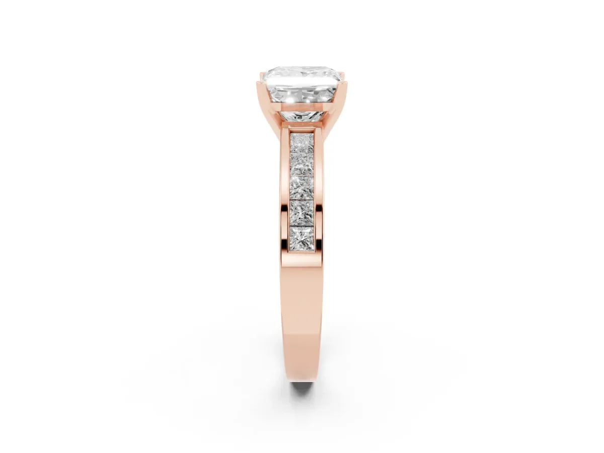 Princess Cut Solitaire Diamond Ring with Channel-Set Band and Four-Prong Setting Rose gold