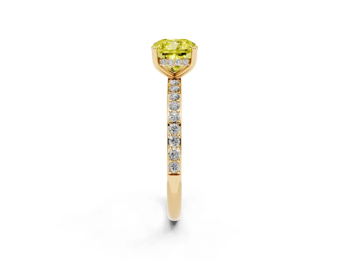 Fancy Yellow Cushion Cut Cut Diamond Pavé Band Ring with Four-Prong Setting Yellow gold