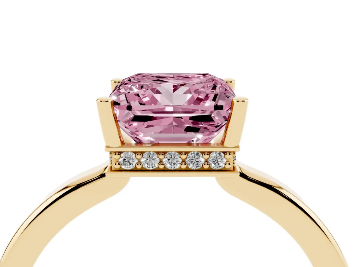 Fancy Pink Princess Cut Cut Solitaire Engagement Ring with Four-Prong Setting on a Classic Band Yellow gold