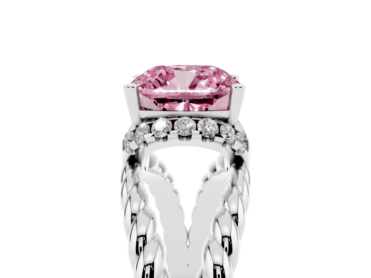 Fancy Pink Cushion Cut Halo Twisted Band Four-Prong Ring Silver