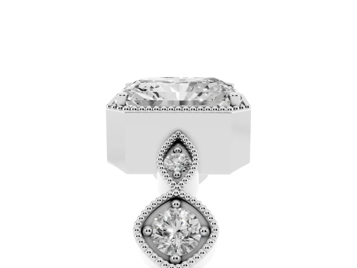 Radiant Cut Diamond Vintage Milgrain Ring with Round Stations Silver