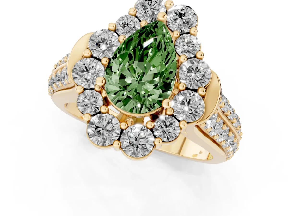 Fancy Green Pear Cut Halo Diamond Engagement Ring with Split Shank and Prong Setting Yellow gold