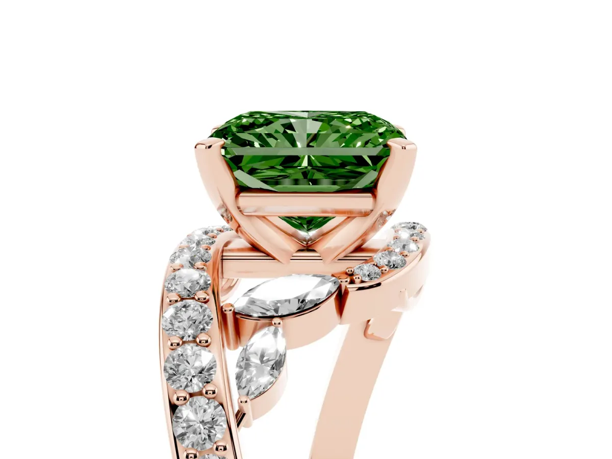 Fancy Green Radiant Cut Solitaire with Pavé Twist Band and Four-Prong Setting Rose gold