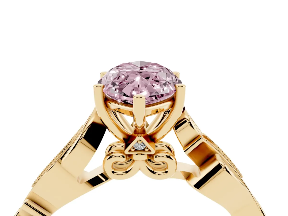 Fancy Pink Marquise Cut Solitaire Vine Band with Milgrain Prong Setting Yellow gold