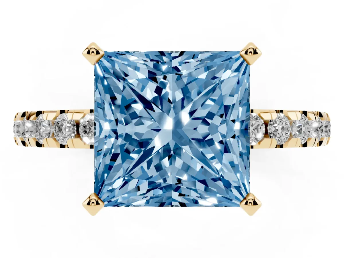 Fancy Blue Princess Cut Diamond Solitaire Ring with Round Pavé Band and Four-Prong Setting Yellow gold