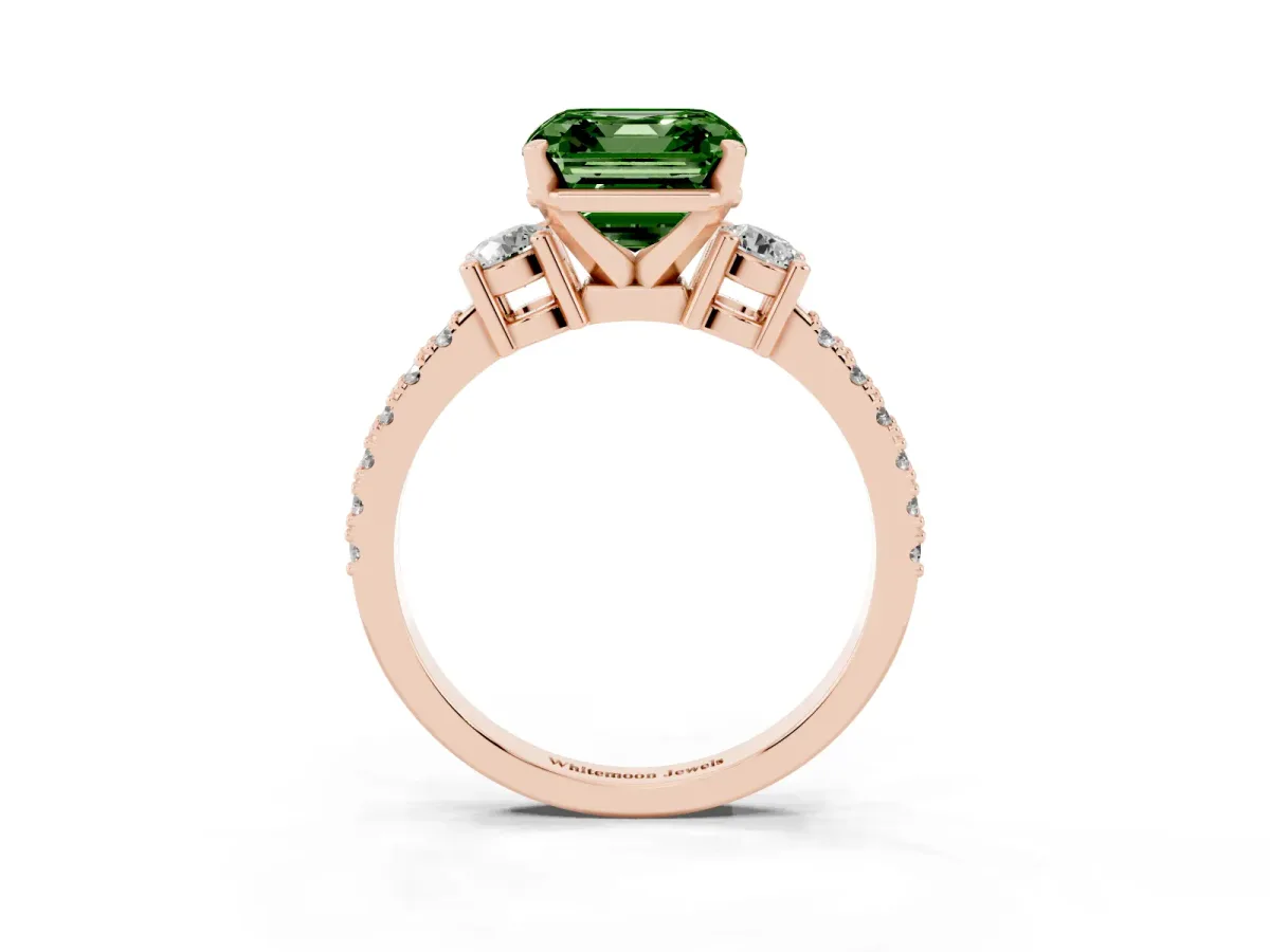 Fancy Green Asscher Cut Three-Stone Diamond Pavé Band with Prong Setting Rose gold