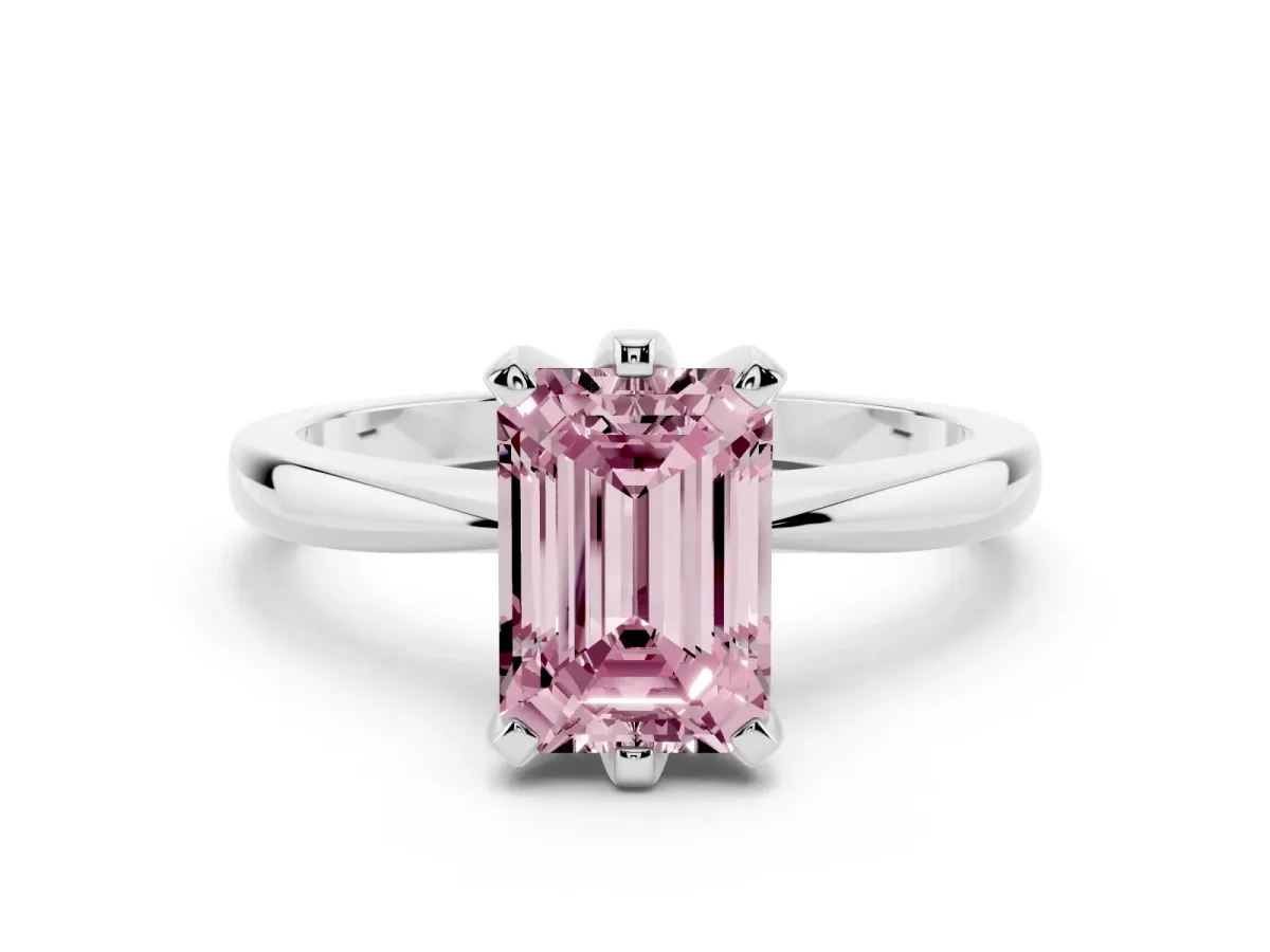 Fancy Pink Emerald Cut Solitaire Engagement Ring with Six-Prong Setting and Tapered Band Platinum