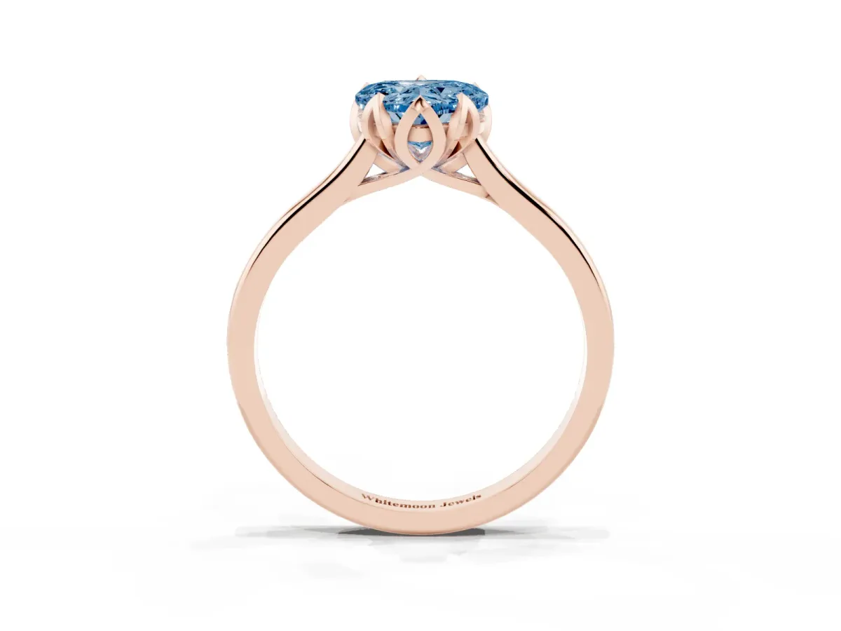 Fancy Blue Heart Cut Diamond Solitaire Ring with Flower Prong Setting and Classic Band Rose gold